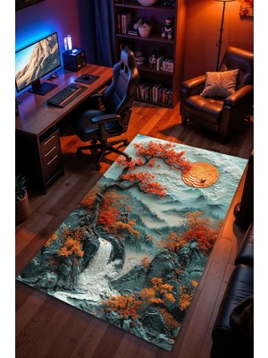 Charmbi Gürültülü Dağlar Halı Kaymaz Taban Kadife Dokulu Makinede Yıkanabilir Genç Odası Halısı Yolluk