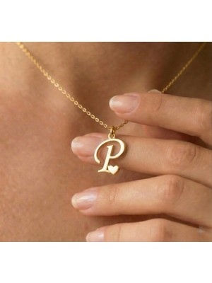 Ashak Accessories Kadın 925 Ayar Gümüş Zincirli P Harfi Kalpli Baş Harfli Kalp Harf Alfabe Isim Kolye