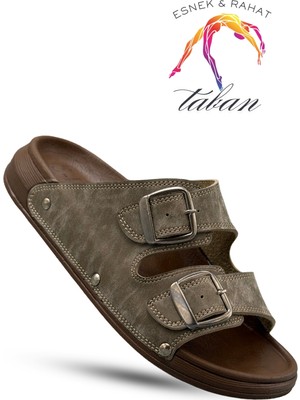 Sermoda Erkek Terlik - Çift Toka Ayarlanabilir Esnek Taban Deri Erkek Terlik T Haki