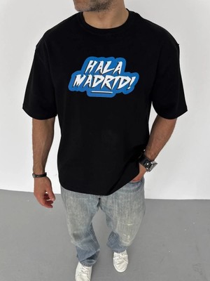 Hobilinka Erkek Bisiklet Yaka Baskılı Oversize T-Shirt - Siyah