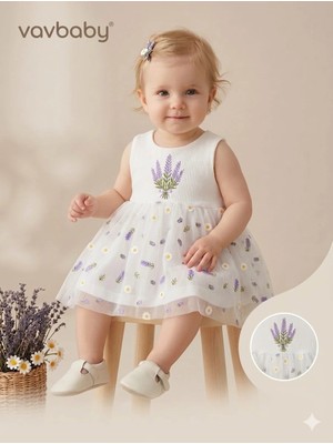 Vavbaby Kız Bebek Lavanta ve Papatya Nakışlı Tül Detaylı Elbise Beyaz