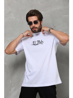 Hobilinka Erkek Bisiklet Yaka Baskılı Oversize T-Shirt - Beyaz