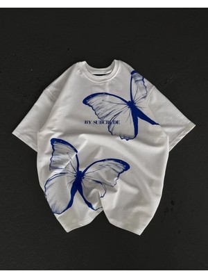 Hobilinka Kadın  Bisiklet Yaka Baskılı Oversize T-Shirt - Beyaz