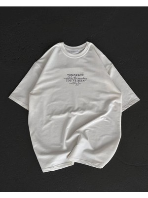 Hsc Bilişim Bisiklet Yaka Baskılı Oversize T-Shirt - Beyaz