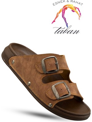 Sermoda Erkek Terlik - Çift Toka Ayarlanabilir Esnek Taban Deri Erkek Terlik T Taba