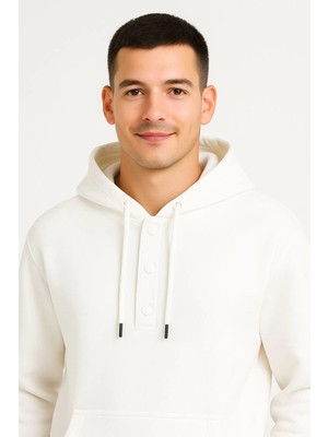 Hsc Bilişim Ovarsize Kapüşonlu Sweatshirt Kanguru Çepli Cıtcıtlı 3 Iplik Şardonlu Hoodie - Beyaz -