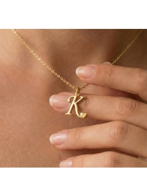 Ashak Accessories Kadın 925 Ayar Gümüş Zincirli K Harfi Kalpli Baş Harfli Kalp Harf Alfabe Isim Kolye
