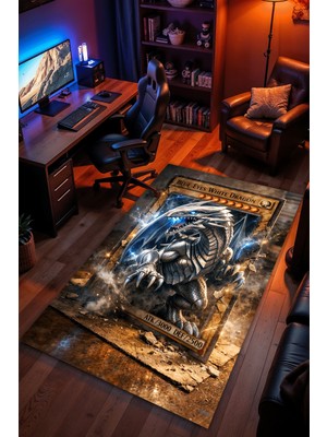 Charmbi Mavi Gözlü Beyaz Ejderha Kaymaz Taban Kadife Dokulu Makinede Yıkanabilir Genç Odası Halısı Yolluk