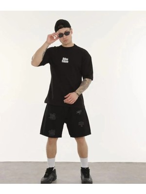 Hobilinka Erkek Bisiklet Yaka Baskılı Oversize T-Shirt - Siyah