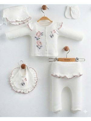 Yenidoğan Kız Bebek Hastane Çıkışı 5'li Set Gül Nakışlı Pamuklu Bebek Takımı