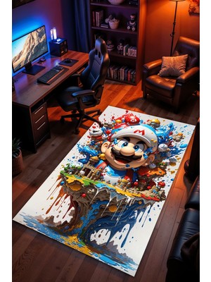 Charmbi Mario Temalı Halı Kaymaz Taban Kadife Dokulu Makinede Yıkanabilir Genç Odası Halısı Yolluk