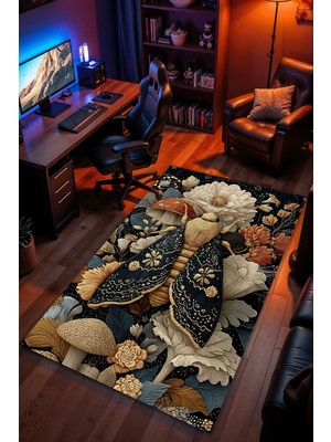 Charmbi Kelebek Nakış Görünümü Halı Kaymaz Taban Kadife Dokulu Makinede Yıkanabilir Genç Odası Halısı Yolluk