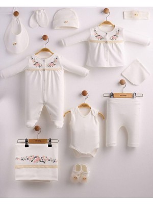 %100 Pamuk 10’lu Yenidoğan Kız Bebek Hastane Çıkışı Seti Çiçek Nakışlı Ekru Bandana Hediyeli