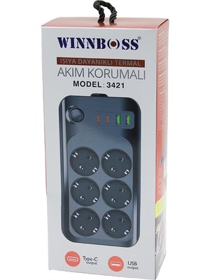Termal Akım - Kısa Devre Korumalı 6lı Priz 2+2 Usb-Type-C -  2 Metre Anahtarlı Uzatma Kablo 16A - 4
