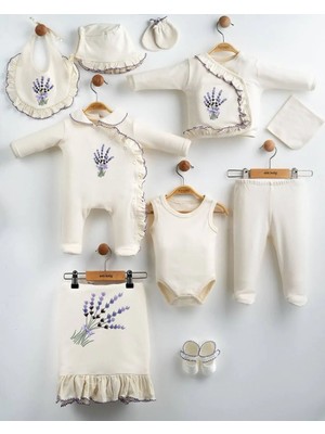 %100 Pamuk 10'lu Yenidoğan Kız Bebek Hastane Çıkışı Seti Lavanta Nakışlı Ekru Bebek Hastane Seti