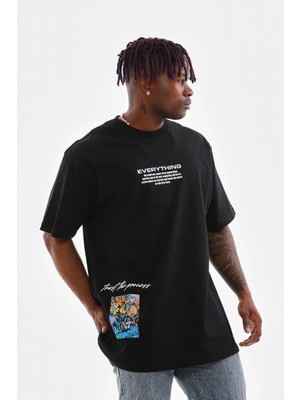 Hobilinka Erkek Bisiklet Yaka Baskılı Oversize T-Shirt - Siyah