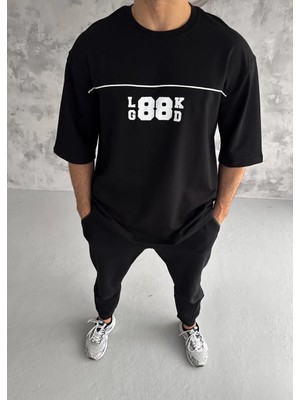 Hobilinka Erkek Bisiklet Yaka Baskılı Oversize T-Shirt - Siyah