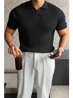 Oksit Italyan Stil V Yaka Saç Örgü Detaylı Slim Fit Triko Erkek Polo Tshirt