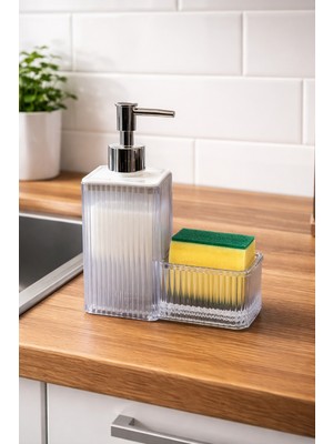 Padilon Şeffaf Sıvı Sabunluk Süngerlik Bölmeli Modern Mutfak Tezgah Üstü Sabunluk
