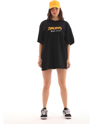 Hobilinka Kadın  Bisiklet Yaka Baskılı Oversize T-Shirt - Siyah