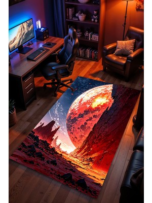 Charmbi Mars Temalı Halı Kaymaz Taban Kadife Dokulu Makinede Yıkanabilir Genç Odası Halısı Yolluk