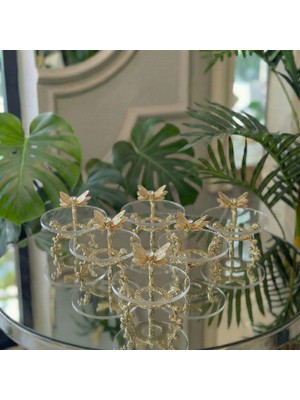 Çnr Home Collection Lüks Metal Ayaklı Çiçekli Kahve Yanı Lokumluk & Çikolatalık  Yüzük Yükseltici, Dekoratif Sunumluk Kelebekli