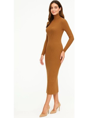 Hsc Bilişim Boğazlı Triko Elbise - Kahverengi -