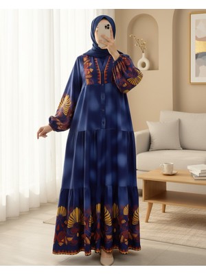 Modamorfo Dik Yaka Yarım Düğmeli Kolu Lastikli Desenli Elbise -Parlement