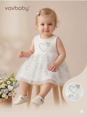 Vavbaby Kız Bebek Kalp Nakışlı Tül Detaylı Elbise Beyaz