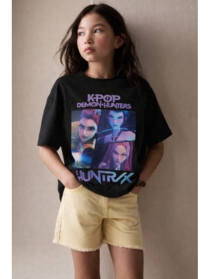 Little Aden Kpop Demon Hunters Huntrix Kısa Kollu Baskılı Kız Çocuk Oversize Tişört