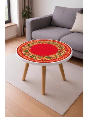 Boyut 42X42 cm Yuvarlak Kırmızı Desenli Sehpa – Salon ve Ofis Için Modern Stil