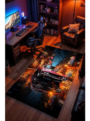 Charmbi Gta Spor Araba Temalı Halı Kaymaz Taban Kadife Dokulu Makinede Yıkanabilir Genç Odası Halısı Yolluk