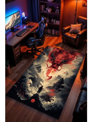 Charmbi Kızıl Ejder Halı Kaymaz Taban Kadife Dokulu Makinede Yıkanabilir Genç Odası Halısı Yolluk