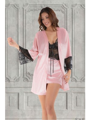 Sistina Streozd Pudra Kadife Sabahlık & Gecelik Takım 2' Li - 1446 - Beden L