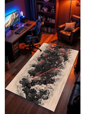 Charmbi Samuray Ronin Temalı Halı Kaymaz Taban Kadife Dokulu Makinede Yıkanabilir Genç Odası Halısı Yolluk