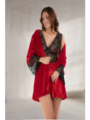 Sistina Streozd Kırmızı Kadife Sabahlık & Gecelik Takım 2' Li - 1442 - Beden Xl