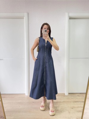 Hsc Bilişim Jeans Kot Önü Tam Fermuarlı Uzun Elbise - Mavi