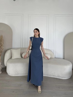 Hsc Bilişim Keten Yandan Yırtmaçlı Uzun Elbise Sıfır Kol Elbise - Mavi -