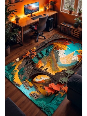 Charmbi Orta Dünya Temalı Halı Kaymaz Taban Kadife Dokulu Makinede Yıkanabilir Genç Odası Halısı Yolluk