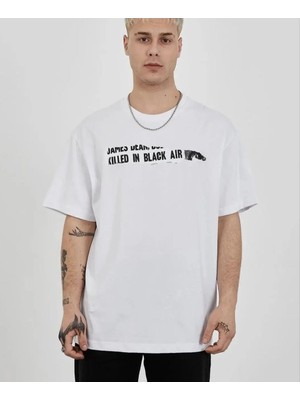 Hobilinka Erkek  Bisiklet Yaka Baskılı Oversize T-Shirt - Beyaz