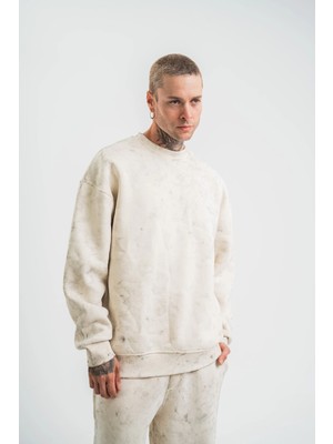 Hsc Bilişim Erkek 3 Iplik Pamuklu Yağ Yıkamalı Sweatshirt Double Oversize Bisiklet Yaka Uzun Kol - Krem