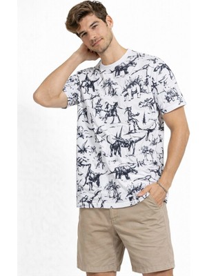 Hsc Bilişim Kadın Beyaz Dinozor Desenli Tişört Regular Kalıp Bisiklet Yaka Dijital Baskılı - Beyaz