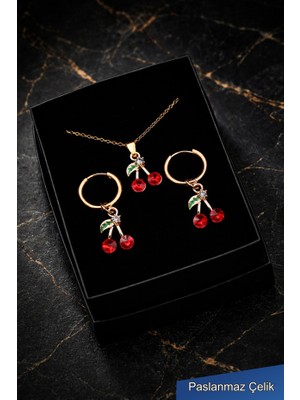 Trend Collection Kiraz Figürlü Çelik Kolye Küpe Seti – Kadın Gold Takı Seti