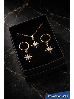 Trend Collection Gold Renk Zirkon Taşlı Yıldız Kolye ve Halka Küpe Çelik Seti