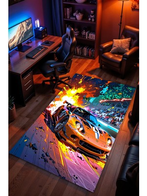 Charmbi Gta Spor Araba Temalı Halı Kaymaz Taban Kadife Dokulu Makinede Yıkanabilir Genç Odası Halısı Yolluk