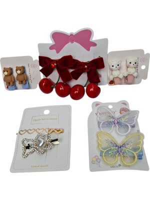 Spteks Kız Çocuk Sevimli Taşlı Incili Ayıcık Kiraz Taşlı Fiyonk Model Kelebek Pens Toka 5 Li Set