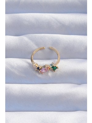 Pirinç Gold Renk Renkli Zirkon Taşlı Ayarlanabilir Yüzük - Lisinya