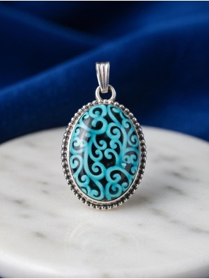 El Yapımı Gümüş Kaplama Turkuaz Etnik Desenli Vintage Kolye Ucu Osmanlı Tarzı Otantik Takı
