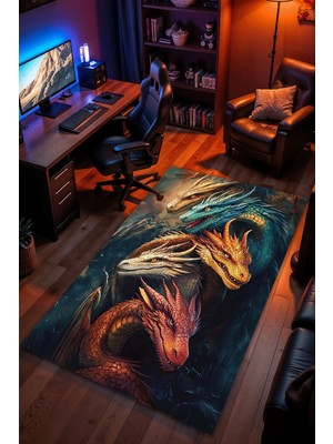 Charmbi House Of The Dragon Halı Kaymaz Taban Kadife Dokulu Makinede Yıkanabilir Genç Odası Halısı Yolluk