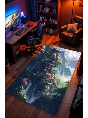 Charmbi Sakura Kalesi Halı Kaymaz Taban Kadife Dokulu Makinede Yıkanabilir Genç Odası Halısı Yolluk